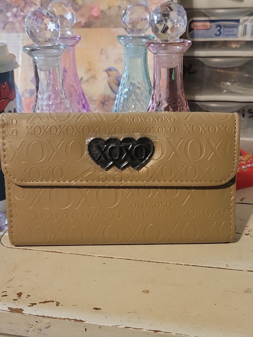 XOXO Tan Embossed Wallet Clutch with Black Heart Logo